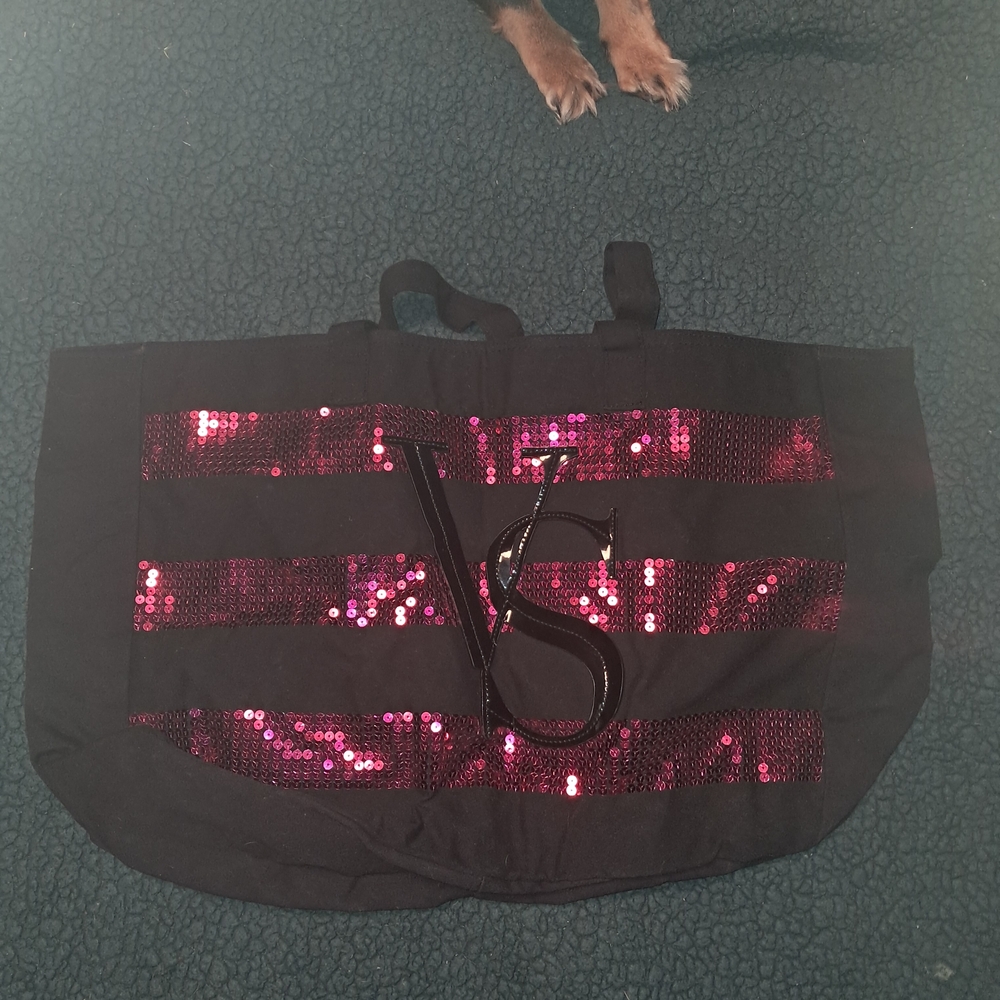 Victoria's Secret Black and Pink Sequin Tote Bag
